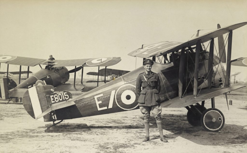 The eyes of the army - Sopwith Camels ready for a patrol over the German lines. View of aircraft and pilot. 1915.