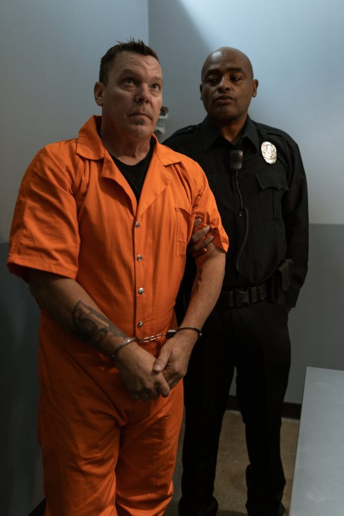 Man in Handcuffs Wearing Orange Jumpsuit Standing Next to a Police Officer