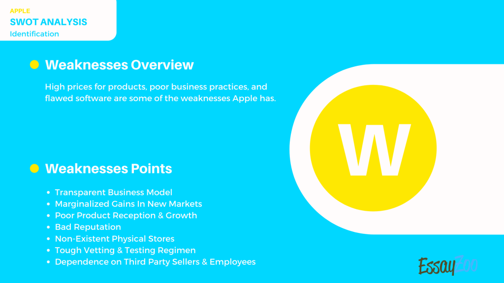 High prices for products, poor business practices, and flawed software are some of the weaknesses Apple has.